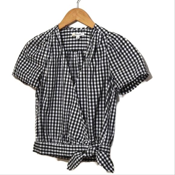 Madewell V Neck Short Sleeve Faux Wrap Front Tie Gingham Top Size XS - Picture 6 of 15